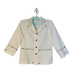 Nancy Bolen City Gir Jacket Womens SZ 4 P White Shirt Metal Eyelets 3/4 Sleeve